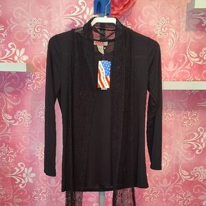 Carol Rose Chic Black Long Sleeve Tee With Sequin Scarf